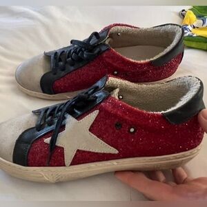 Star Red, black and white superstar tennis shoes never worn - Game Day